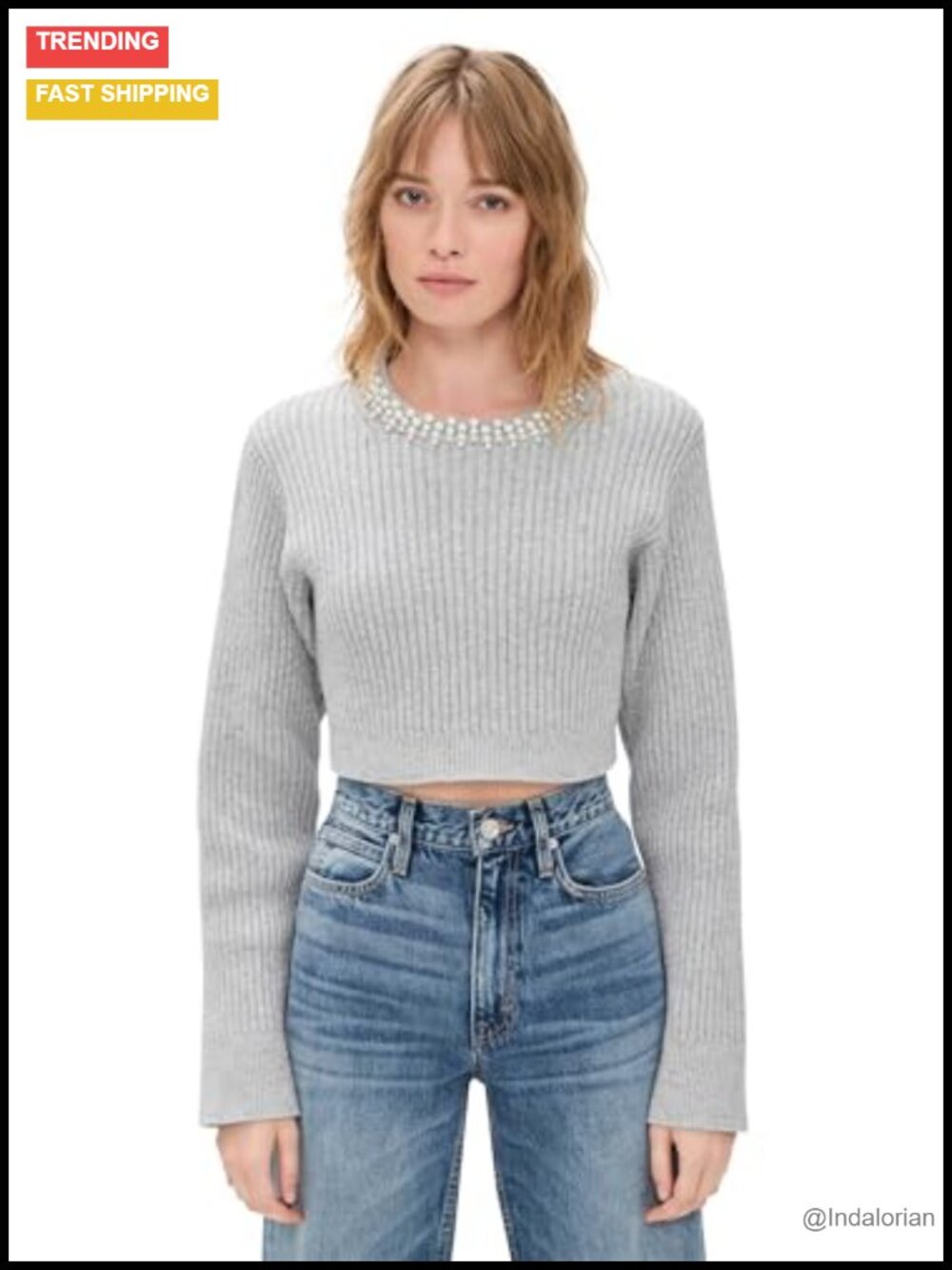 Cropped Pullover Ribbed Knit Stretch Padded Shoulders Pearl Trim